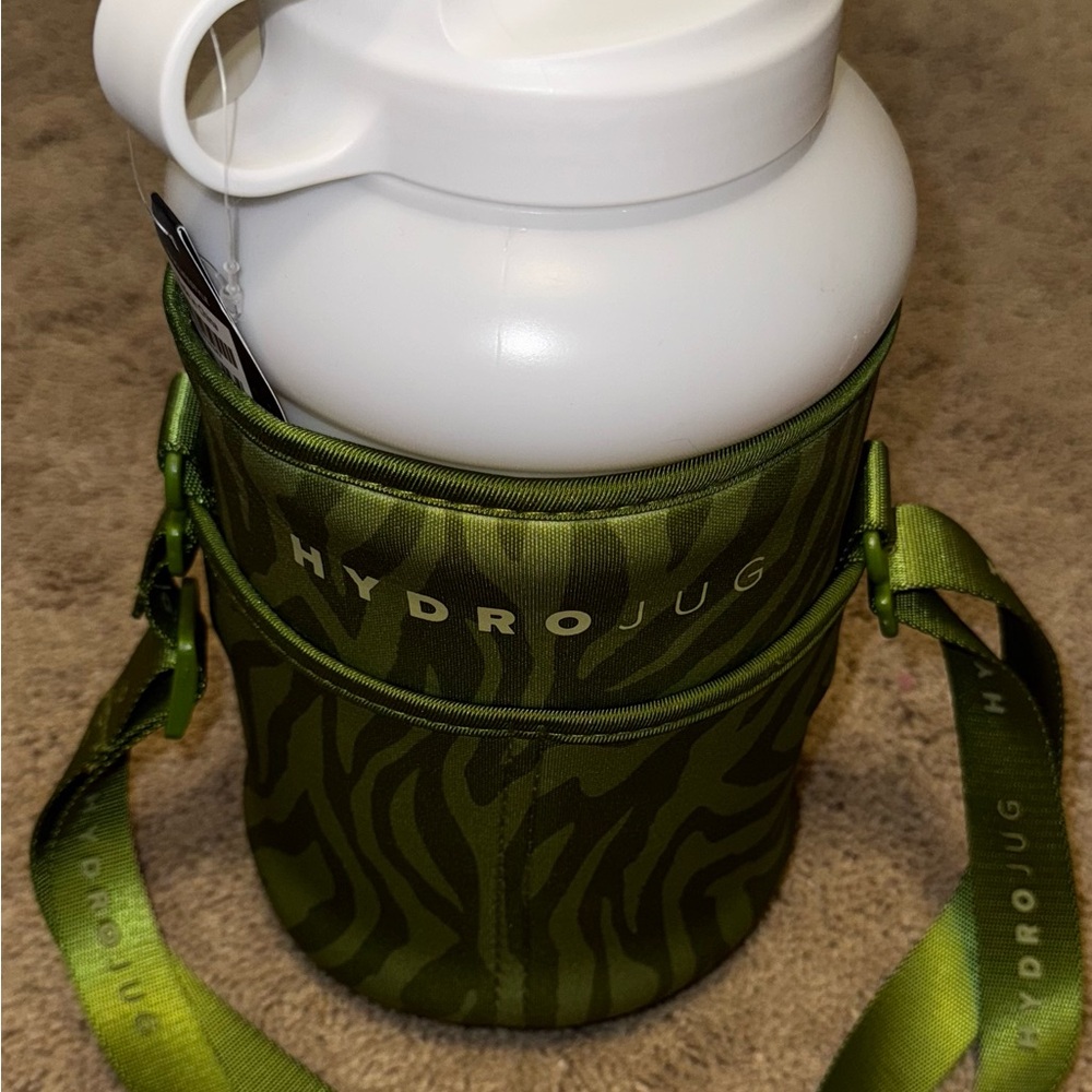 HydroJug White Bottle with Green Zebra Sleeve and Strap